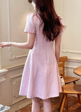 Moenne Heart Neck Puff Tweed Flare One Piece