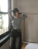 Shaltie Lace Square Neck Ribbed Knit Cardigan