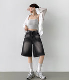 Backpoint Pocket Washing Bermuda Scratch Knee Length Denim Pants