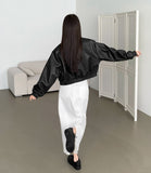Autumn Pocket Zipper Loose Fit Leather Two-Way Crop Jacket