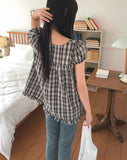 Onnit Check Square Neck Mini Short Sleeve Blouse