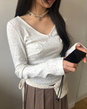 Rome Flower Ribbon V-Neck Long Sleeve T-Shirt