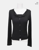 Neon Button Shirring Knit Top Cardigan Set