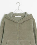 Janey Suede Velour Button Frill Hood Cardigan