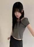 Kelle Ribbon Shirring Mesh Air Puff Crop Short Sleeve T-shirt