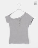 Az Pigment Washing Unbalanced One Off-Shoulder Button Short Sleeve T-shirt