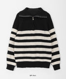 Lovely stripe collar half zip-up knit