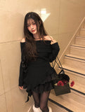 [Brushed] Fove Off-Shoulder Unbalanced Frill Rib Knit