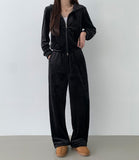 Embroidered Velvet Two-Way Crop Hood Zip-up Banding Wide Pants Two Piece Velor Set