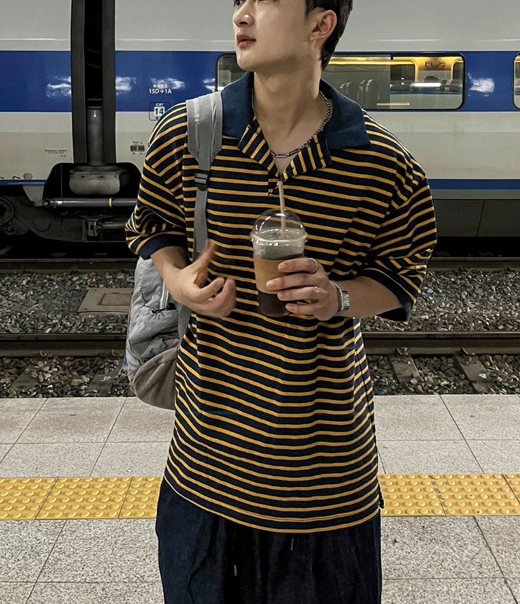 【COSYHARU】Color scheme stripe collar tee COSYHARU (コシハル) - カラーストライプ襟付きTシャツ / Color