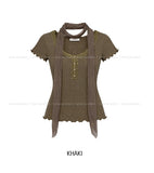 [Scarf SET] Mocha Lace Ribbed Short Sleeve Set