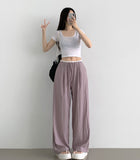 Rustling Color Matching Ice Wide Slacks Banding Pants