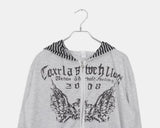 Hummus Lettering Print Stripe Color Matching Snap Button Long Sleeve Hood Zip-Up