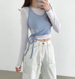 Halterneck Two-Tone Layered Ribbon Crop T-shirt