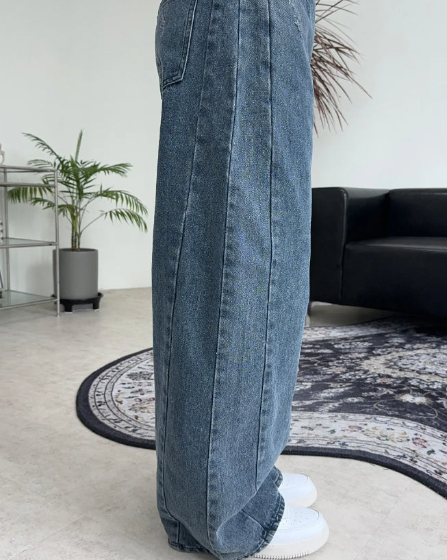【SATIIIZ】Diple Side Line Wide Denim Pants deep side line wide denim pants - satiiiz