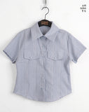 Hash Western Stripe Pocket Rolling Crop Short Sleeve Shirt