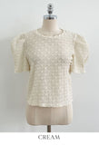 Bullet-Dot Wrinkle Jacquard Puff Sleeve Tee-Blouse