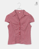 Trin Check Shirring Puff Blouse