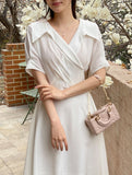 Vientiane Collar Wrap Puff Short Sleeve Flare One Piece
