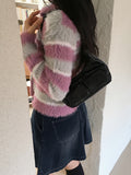 [Muffler Set] Jes Fur Stripe Color Matching Collar Knit Long Sleeve Cardigan