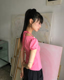 Code Beads Ribbon Shirring Puff Short Sleeve T-Shirt