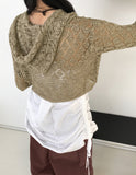 [MADE] Attil Vintage Punching Button Knit Hood Crop Long Sleeve Cardigan