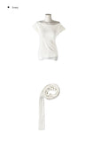 Scon Stripe Plain One-Shoulder Ribbon Short Sleeve T-Shirt