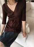 Pamil Vintage V-Neck Button Pleated Half-Length Short-Sleeved T-Shirt