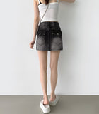 Hip-up Vintage Back Pocket Point Washing H-line Denim Skirt