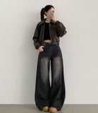 Curved Cut Wide Fit Denim Pants
