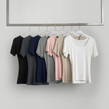 Deep U-neck Square Neck Slim Fit Short Sleeve T-Shirt