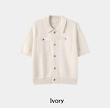 Leviron Two-Pocket Cut-out Collar Short-Sleeve Cardigan