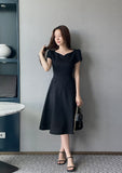 Sebit Heart-Neck Tulip Tweed Flared Long One Piece