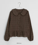 Cordent Check Round Collar Frill Long Sleeve Blouse