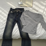 Vintage Washing Patch Embroidery Slim Fit Bootcut Low Denim Pants
