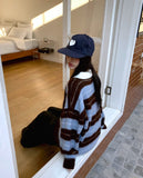 Here Color Matching Stripe Collar Neck Button Long Sleeve Knit