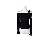 Cashier Button Off-Shoulder Unbalance Ribbon Knit