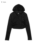Niche Shirring Crop Hood Long Sleeve T-shirt