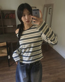 Giron Stripe One Off Shoulder Unbalance T-Shirt