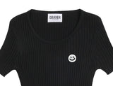 Drawing Smile Embroidery Crop Short Sleeve Knit