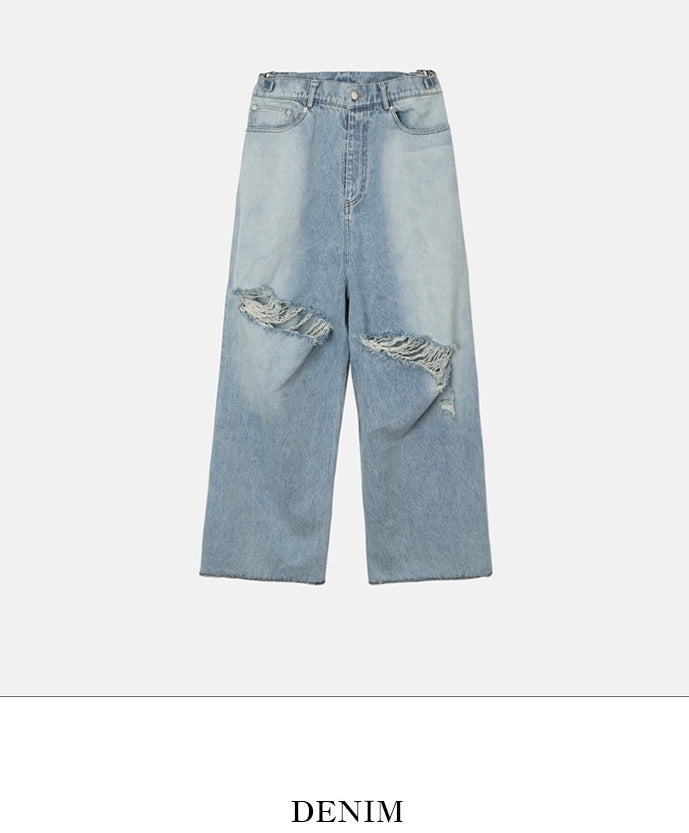 【2plan】Hippo Damage Wide Baggy Denim 2plan (ツープラン) - ヒポダメージワイドバギーデニムパンツ
