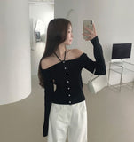 Off-shoulder Ribbed Knit Strap Set Cardigan