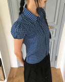 Rehue Check Shirring Banding Puff Short Sleeve Blouse