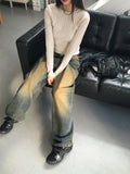 Cama Yellow Washing Vintage Long Wide Denim Pants