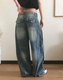 Binden side pin tuck back pocket wide denim pants