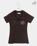 Hamyu Eyelet Rivet Printed Collar Short Sleeve T-Shirt