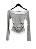 Ribbed Color Matching Layered Pintuck Boat Neck Tee