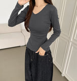 V-neck Side Shirring Point Daily Slim Fit Long Sleeve T-shirt