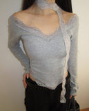 [Scarf Set] Kimen Lace Brushed Crop Long Sleeve T-Shirt
