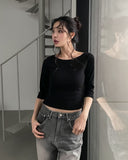 [U-BASIC] Nut Boat Neck Slim Crop Three Quarter Tee